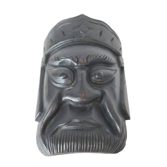 Vintage Hand-Carved Wooden Wall Mask With Bearded Face Design - Picture 3 of 5